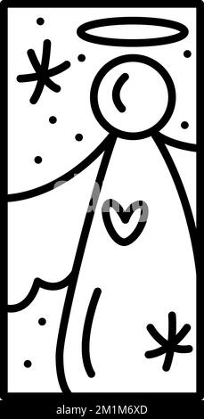 Der Weihnachtsengel der Vektorkomposition in der Nacht mit Schnee. Handgezeichnetes winterweihnachtliches Konstruktorlogo in einem rechteckigen vertikalen Rahmen für Grußkarten Stock Vektor