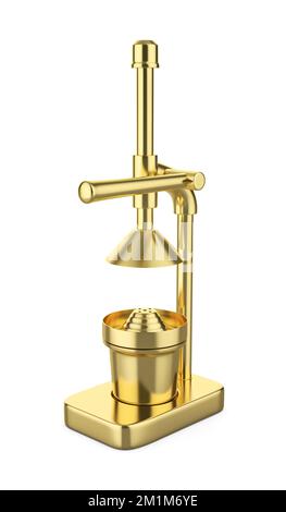 Goldene Zitruspresse auf weißem Hintergrund Stockfoto