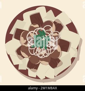 Beshparmak ist die kasachische Nationalmahlzeit aus Fleisch, Zwiebeln, Kasy und Teig. Vektordarstellung. Stock Vektor