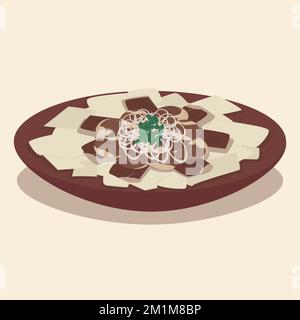 Beshparmak ist die kasachische Nationalmahlzeit aus Fleisch, Zwiebeln, Kasy und Teig. Vektordarstellung. Stock Vektor