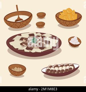 Vektorset der kasachischen Nationalküche, Gerichte. Beshbarmak, Baursak und qurt, Kumis und Irimshik. Stock Vektor