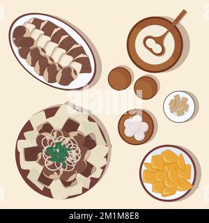Vektorset der kasachischen Nationalküche, Gerichte. Beshbarmak, Baursak und qurt, Kumis und Irimshik. Stock Vektor