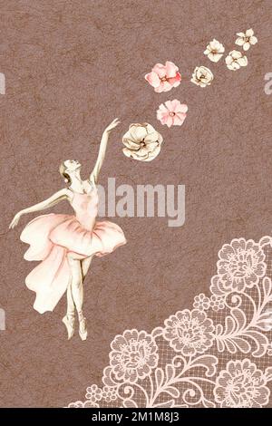 Aquarell tanzende Ballerina mit dunkler Haut. Pink hübsche Ballerina. Handgezeichnete Aquarell-Illustration. Kann für Karten oder Poster verwendet werden. Mit Weiß Stockfoto