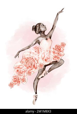 Aquarell tanzende Ballerina mit dunkler Haut. Pink hübsche Ballerina. Handgezeichnete Aquarell-Illustration. Kann für Karten oder Poster verwendet werden. Mit Weiß Stockfoto