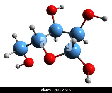 3D-Bild der Ribose-Skelettformel - molekularchemische Struktur des auf weißem Hintergrund isolierten Pentosezuckers Stockfoto