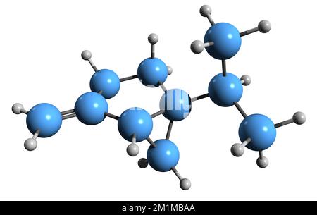 3D-Bild einer Sabinen-Skelettformel - molekularchemische Struktur von natürlichem bizyklischem Monoterpen, isoliert auf weißem Hintergrund Stockfoto