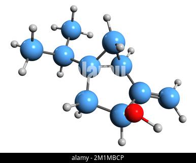 3D-Bild der Sabinol-Skelettformel - molekularchemische Struktur des auf weißem Hintergrund isolierten Monoterpenalkohols Stockfoto