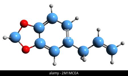 3D-Bild einer Safrol-Skelettformel - molekularchemische Struktur des auf weißem Hintergrund isolierten Sassafras-Phenylpropanoids Stockfoto