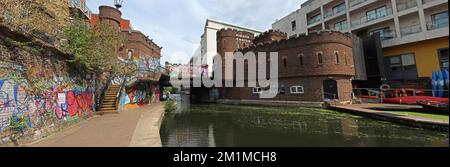 Regents Canal Towpath Panorama von Pirate Castle, Camden, North London, England, Großbritannien, NW1 Stockfoto