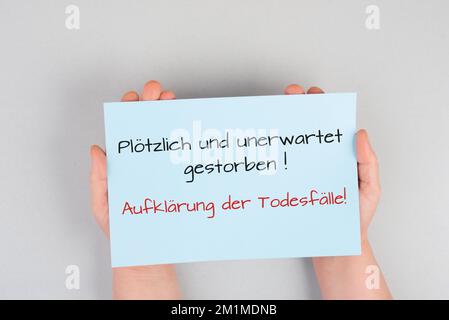 Starb plötzlich und unerwartet, Aufklärung der Zunahme der Sterblichkeit, deutsche Sprache, Sterberate COvid-19 Jab Stockfoto