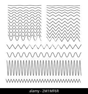 Satz wellenförmiger horizontaler Linien. Schwarze Welle auf weißem Hintergrund, Muster. Hintergrund für lineare Kurven. Meeres- oder Meerestextur. Abstraktes geometrisches Ornament Stock Vektor