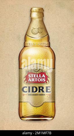 Dieses von Stella Artois am 02. Februar 2011 veröffentlichte Handout zeigt das Etikett des Cider (Cidre) der Marke Stella Artois, die in Belgien von der Bierbrauerei ab InBev hergestellt wird. Der Apfelwein wird im Vereinigten Königreich gegen Ostern auf den Markt gebracht. Stockfoto