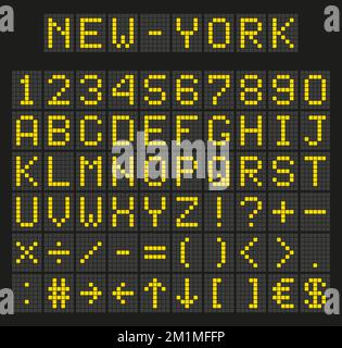 Hellgelbe digitale Schriftart, Buchstaben und Zahlen. Englisches Alphabet auf digitalem Bildschirm. LED-Board-Konzept für Reklametafeln, Flughäfen, Sportspiele und erw Stock Vektor