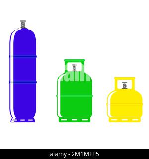 Set aus Propangasflaschen. Blaugrüner und gelber Gastank, Gasbehälter. Konstruktion eines Tanks mit Propangas. Vektordarstellung Stock Vektor