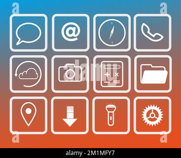 Satz von Vektorsymbolen Telefon, Smartphone, E-Mail, Nachricht, Standort, Taschenrechner, Einstellungen, Kompass, Kamera flache Umrisssymbole in weißer Vektordarstellung Stock Vektor