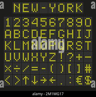 Hellgelbe digitale Schriftart, Buchstaben und Zahlen. Englisches Alphabet auf digitalem Bildschirm. LED-Board-Konzept für Reklametafeln, Flughäfen, Sportspiele und erw Stock Vektor