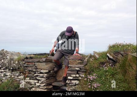 Mann klettert auf dem unbeholfenen Tight High Stone Slate Stile in der Nähe von Tintagel auf dem South West Coastal Path in Cornwall, England, Großbritannien. Stockfoto