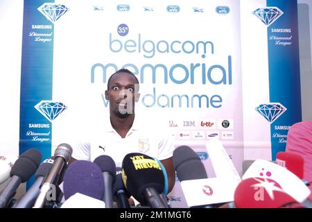 20110914 Uhr - BRÜSSEL, BELGIEN: Jamaikanischer Sprinter und Weltmeister Usain Bolt 200m, Foto auf der Pressekonferenz im Vorfeld der 35.. Ausgabe des Memorial Van Damme Athletics Event am Mittwoch, den 14. September 2011 in Brüssel. Die Sitzung findet am 16.. September 2011 statt. BELGA FOTO CHRISTOPHE LEGASSE Stockfoto