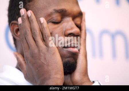 20110914 Uhr - BRÜSSEL, BELGIEN: Jamaikanischer Sprinter und Weltmeister Usain Bolt 200m, Foto auf der Pressekonferenz im Vorfeld der 35.. Ausgabe des Memorial Van Damme Athletics Event am Mittwoch, den 14. September 2011 in Brüssel. Die Sitzung findet am 16.. September 2011 statt. BELGA FOTO CHRISTOPHE LEGASSE Stockfoto