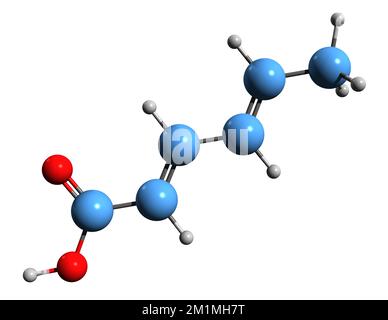 3D-Bild der Sorbinsäure-Skelettformel - molekularchemische Struktur der auf weißem Hintergrund isolierten Hexadiensäure Stockfoto