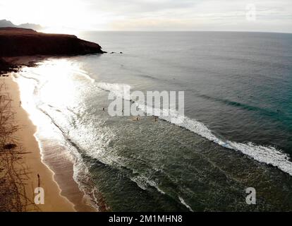 Luftbild: Duenenlandschaft, Atlantischer Ozean bei Istmo de La Pared, Jandia, Fuerteventura, Kanarische Inseln, Spanien/Fuerteventura, Kanarische Inseln Stockfoto