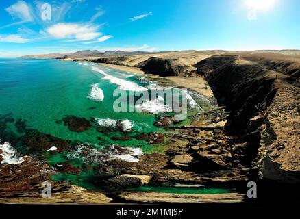 Luftbild: Duenenlandschaft, Atlantischer Ozean bei Istmo de La Pared, Jandia, Fuerteventura, Kanarische Inseln, Spanien/Fuerteventura, Kanarische Inseln Stockfoto