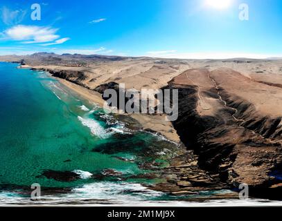 Luftbild: Duenenlandschaft, Atlantischer Ozean bei Istmo de La Pared, Jandia, Fuerteventura, Kanarische Inseln, Spanien/Fuerteventura, Kanarische Inseln Stockfoto