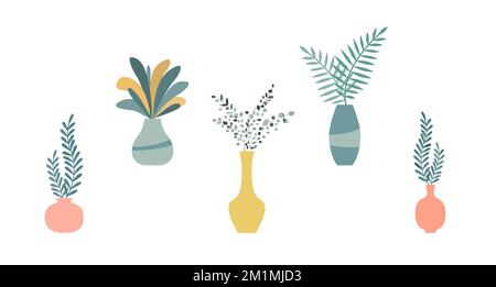 Set von niedlichen Blumen und Pflanzen in Vasen. Haus Pflanzen in Vasen. Handgezeichnete Vektorgrafik. Trendige Heimpflanzen im flachen Stil. Stock Vektor