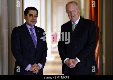 20120306 - BRÜSSEL, BELGIEN: Der Präsident der Generalversammlung der Vereinten Nationen, Nassir Abdulaziz Al-Nasser, wird am Dienstag, den 06. März 2012, von König Albert II. Von Belgien im Königlichen Schloss Laken/Laeken empfangen. BELGA FOTO BENOIT DOPPPAGNE Stockfoto