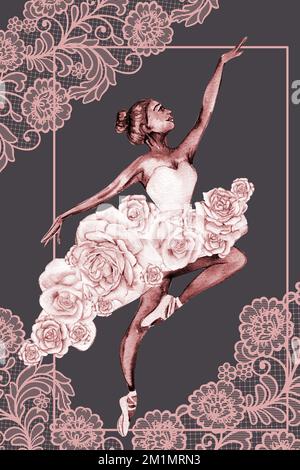 Aquarell tanzende Ballerina mit dunkler Haut. Pink hübsche Ballerina. Handgezeichnete Aquarell-Illustration. Kann für Karten oder Poster verwendet werden. Stockfoto