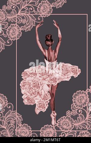 Aquarell tanzende Ballerina mit dunkler Haut. Pink hübsche Ballerina. Handgezeichnete Aquarell-Illustration. Kann für Karten oder Poster verwendet werden. Stockfoto