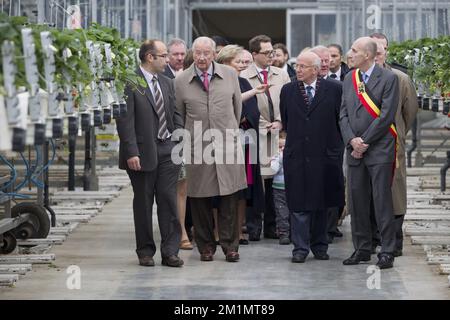 20120515 – BEVEREN, BELGIEN: König Albert II. Von Belgien, Königin Paola von Belgien, Privatsekretär des Königs von Belgien, Jacques van Ypersele de Strihou, und Gouverneur der Provinz Ostflandern, Andre Denys, bei einem Besuch von König Albert II. Von Belgien und Königin Paola von Belgien in Aardbeicomite (Comite de la Fraise) in Melsele, Belgien zum 50.. Jahrestag, Dienstag, den 15. Mai 2012. BELGA FOTO KRISTOF VAN ACCOM Stockfoto
