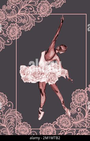 Aquarell tanzende Ballerina mit dunkler Haut. Pink hübsche Ballerina. Handgezeichnete Aquarell-Illustration. Kann für Karten oder Poster verwendet werden. Stockfoto