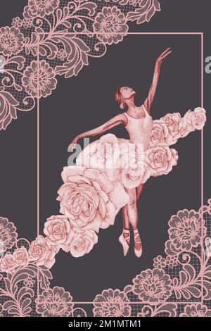 Aquarell tanzende Ballerina mit dunkler Haut. Pink hübsche Ballerina. Handgezeichnete Aquarell-Illustration. Kann für Karten oder Poster verwendet werden. Stockfoto