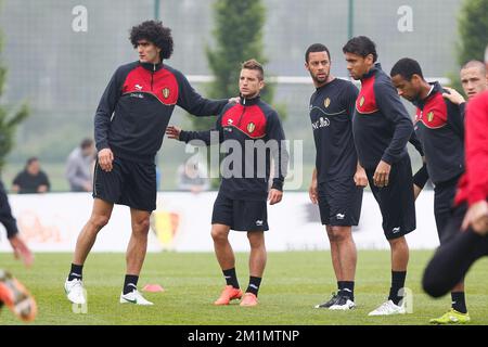 20120530 – ANGLEUR, BELGIEN: Marouane Fellaini aus Belgien, Dries Mertens aus Belgien, Moussa Dembele aus Belgien, Igor De Camargo aus Belgien und Denis Odoi aus Belgien, die während eines Trainings der Red Devils, der belgischen Fußballnationalmannschaft, am Mittwoch, den 30. Mai 2012 in Angleur gezeigt wurden. Das Team bereitet sich auf ein Freundschaftsspiel gegen England am nächsten Samstag vor. BELGA FOTO BRUNO FAHY Stockfoto