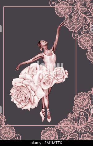 Aquarell tanzende Ballerina mit dunkler Haut. Pink hübsche Ballerina. Handgezeichnete Aquarell-Illustration. Kann für Karten oder Poster verwendet werden. Stockfoto