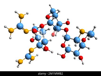 3D-Bild der Streptomycin-Skelettformel - molekularchemische Struktur der Antibiotikamedikation isoliert auf weißem Hintergrund Stockfoto