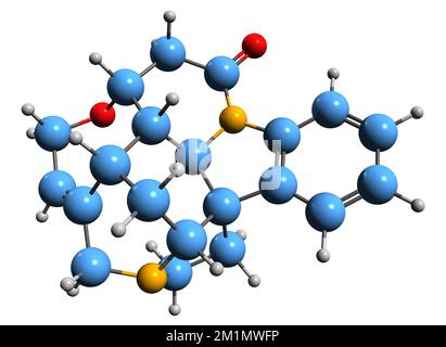 3D-Bild der Strychnin-Skelettformel - molekularchemische Struktur eines hochtoxischen Alkaloids, isoliert auf weißem Hintergrund Stockfoto