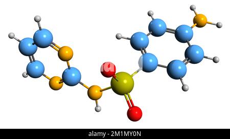 3D-Bild einer Sulfadiazin-Skelettformel - molekularchemische Struktur des auf weißem Hintergrund isolierten Sulfonamids Stockfoto