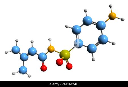 3D-Bild der Sulfadicramid-Skelettformel - molekularchemische Struktur des auf weißem Hintergrund isolierten Sulfonamids Stockfoto