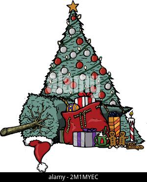 weihnachtsbäume mit Geschenken und weihnachtsmannmütze Stock Vektor