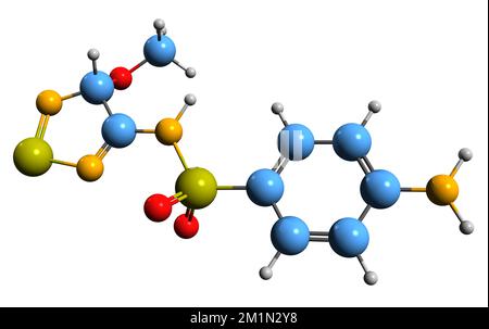 3D-Bild der Sulfametrol-Skelettformel - molekularchemische Struktur des auf weißem Hintergrund isolierten Sulfonamids Stockfoto