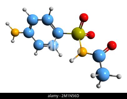 3D-Bild der Sulfacetamid-Skelettformel - molekularchemische Struktur des auf weißem Hintergrund isolierten Sulfonamids Stockfoto