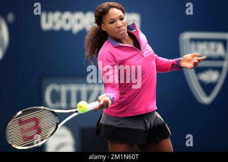 20120825 – NEW YORK, USA: American Serena Williams, gefilmt am Arthur Ashe Kids' Day, vor dem US Open Grand Slam Tennis Turnier, am Samstag, den 25. August 2012 in Flushing Meadows, New York City, USA. Die US Open beginnen am 27. August 2012. BELGA FOTO YORICK JANSENS Stockfoto