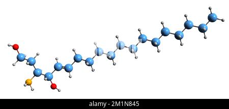 3D-Bild der Sphingosin-Skelettformel - molekularchemische Struktur des aliphatischen Aminoalkoholbeispiels isoliert auf weißem Hintergrund Stockfoto