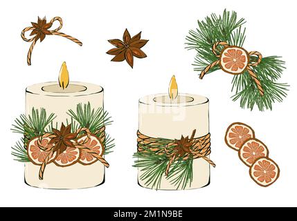 Weihnachtskerze, klassische Winterdekoration. Isoliert auf weißem Hintergrund. Handgemalte Illustration. Stockfoto