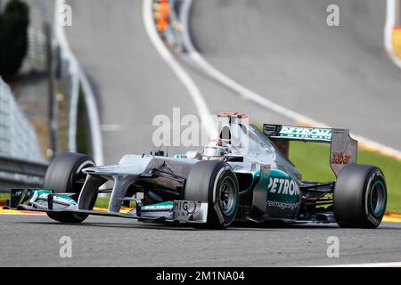 20120901 – BRÜSSEL, BELGIEN: Deutscher Michael Schumacher von Mercedes GP, abgebildet während des Großen Preises F1 von Belgien, in Spa-Francorchamps, Samstag, den 01. September 2012. BELGA FOTO BRUNO FAHY Stockfoto