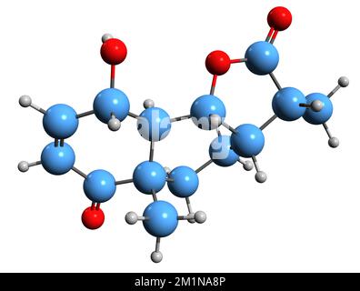 3D-Bild der Tauremizin-Skelettformel - molekularchemische Struktur des auf weißem Hintergrund isolierten Terpenoids Stockfoto