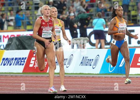 KARSTOFT Ida von Danemark, SCHWAB Corinna aus Deutschland und SAMUEL Jamile aus den Niederlanden HALBFINALE 200m DER FRAUEN 1 bei der Europameisterschaft der Leichtathletik 2022 am 18. August 2022 in München - Photo Laurent Lairys / DPPI Stockfoto