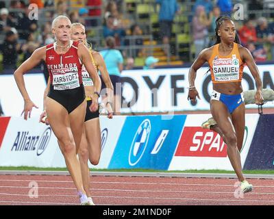KARSTOFT Ida von Danemark und SAMUEL Jamile von der niederländischen FRAUENLIGA 200m. HALBFINALE 1 während der europäischen Leichtathletikmeisterschaft 2022 am 18. August 2022 in München – Photo Laurent Lairys / DPPI Stockfoto